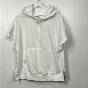 Fisoew Womens Sweatshirt L White Short Sleeves Kangaroo Pocket Hood 1/2 Zip Hood